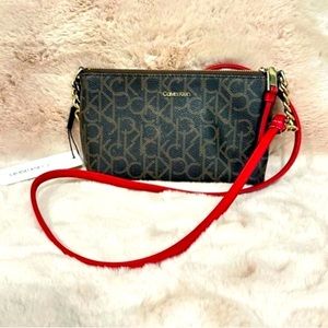 Calvin Klein Monogram Logo Crossbody Bag Brown And Red Straps - Women